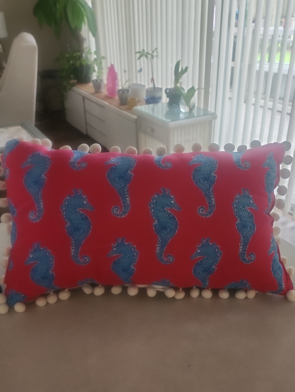 VEUC Reversible Blue/Red Seahorse - Gold/White Accent Pillow